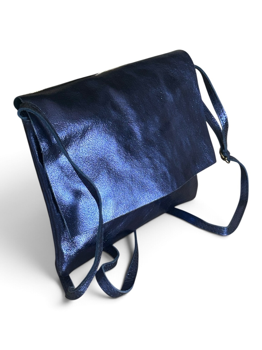 Metallic Navy Genuine Leather Crossbody Shoulder Bag
